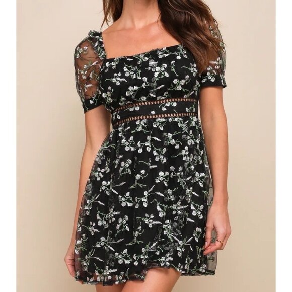 Lulus Floral Embroidered Black Mini Dress Sheer Whimsygoth Witchy Prom Wedding - Picture 3 of 11